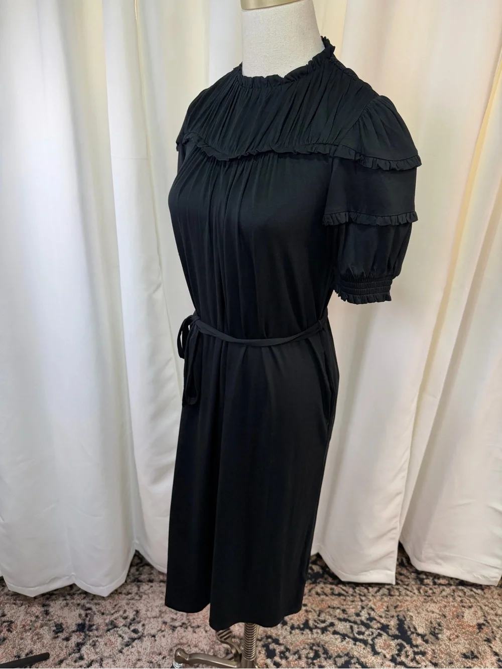 NWT Boden Black Ruffled Neck Puff Sleeve Jersey Midi Dress w/ Tie Waist Size 4P